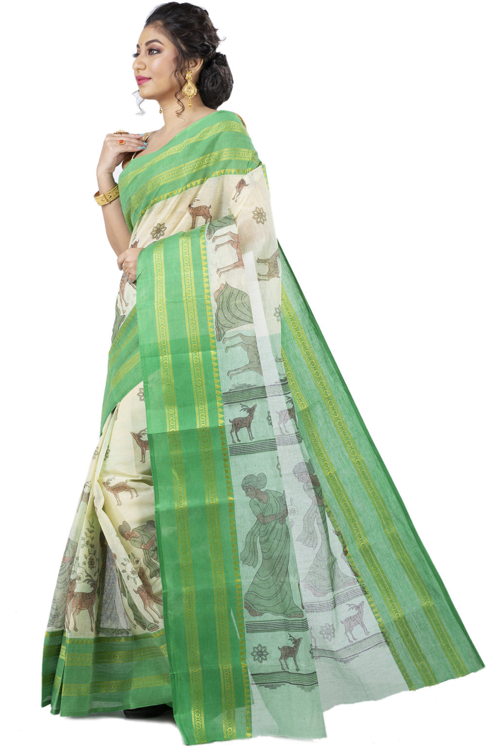 Green Pure Cotton Sakuntala Tant Saree Print (1853)